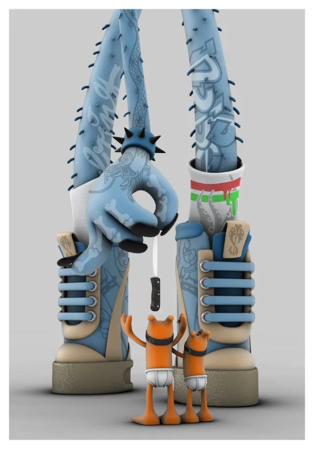 3d characters looking at shoes