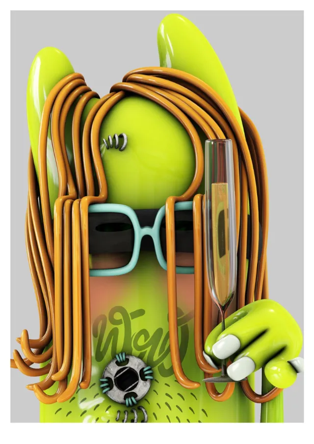 3d fashion alien with wine