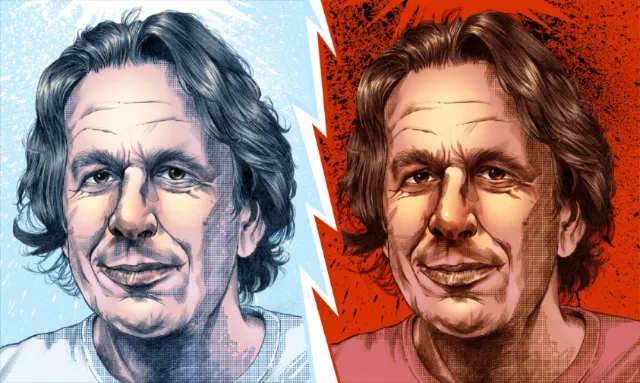 Digital portrait of a middle-aged man with contrasting blue and red backgrounds by POW!!!