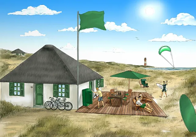Graphic illustration of people at beach house
