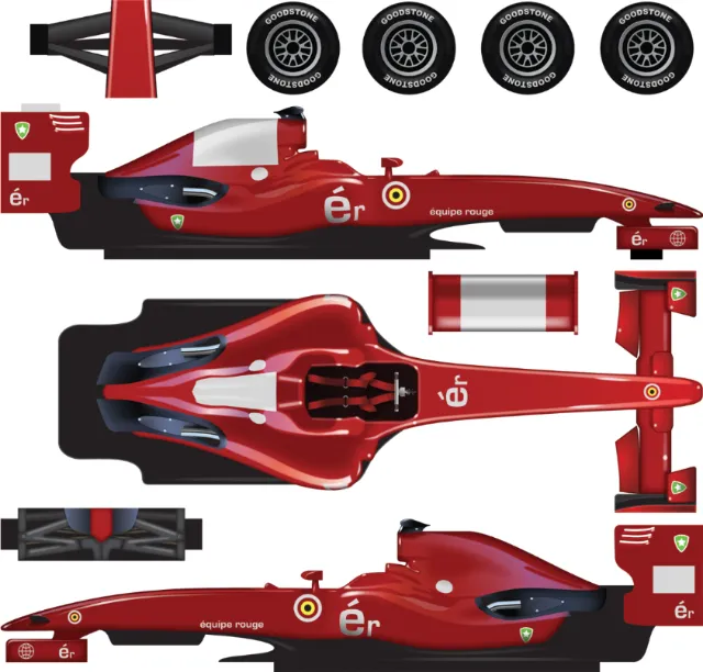 Diagram of a red F1 racing car model with wheels and parts by Lee Montgomery