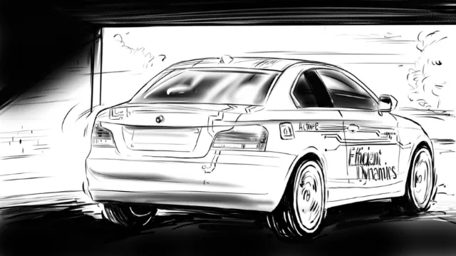 Thomas Andrae- painting illustration, white car in the shd, black wheels