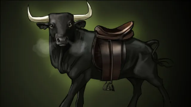 Black bull with brown saddle on dark green background by Björn von Schlippe