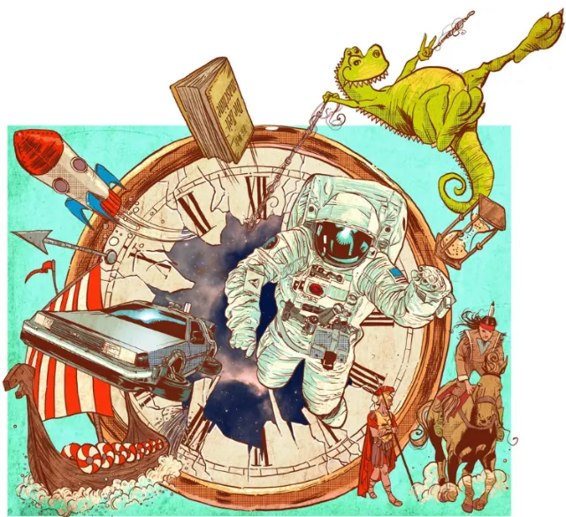 Illustration by POW!!! of astronaut, clock, rocket, frog, and horse rider