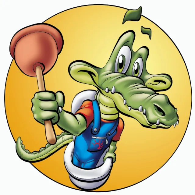Cartoon crocodile holding a plunger illustration by Carsten Mell