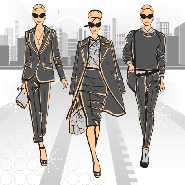 Fashion illustration of women in modern outfits walking in city by Yordanka Poleganova