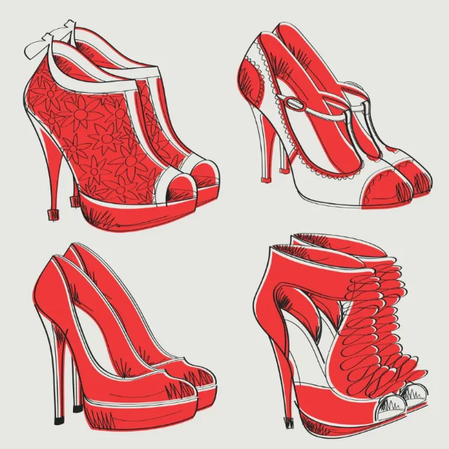 Illustration of four red high heel shoes with different designs by Yordanka Poleganova
