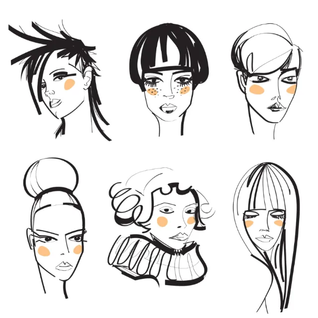 Stylized female portrait sketches with orange cheeks by Yordanka Poleganova