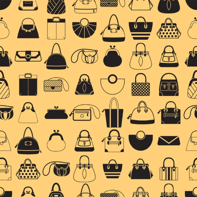 Seamless handbag pattern in black on tan background by Yordanka Poleganova