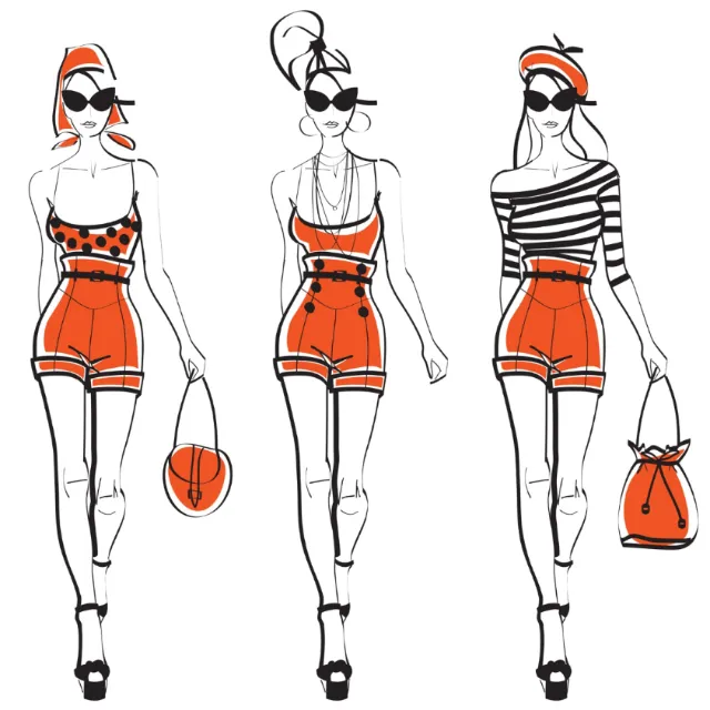 Three female fashion models in red shorts and sunglasses by Yordanka Poleganova