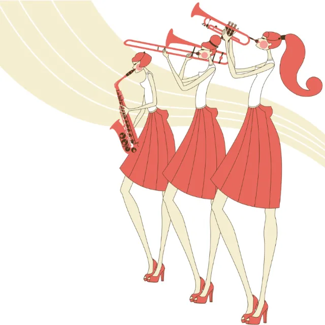 Women playing trumpet and saxophone by Yordanka Poleganova