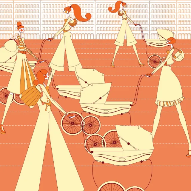 Stylized women pushing vintage baby carriages in pastel colors by Yordanka Poleganova