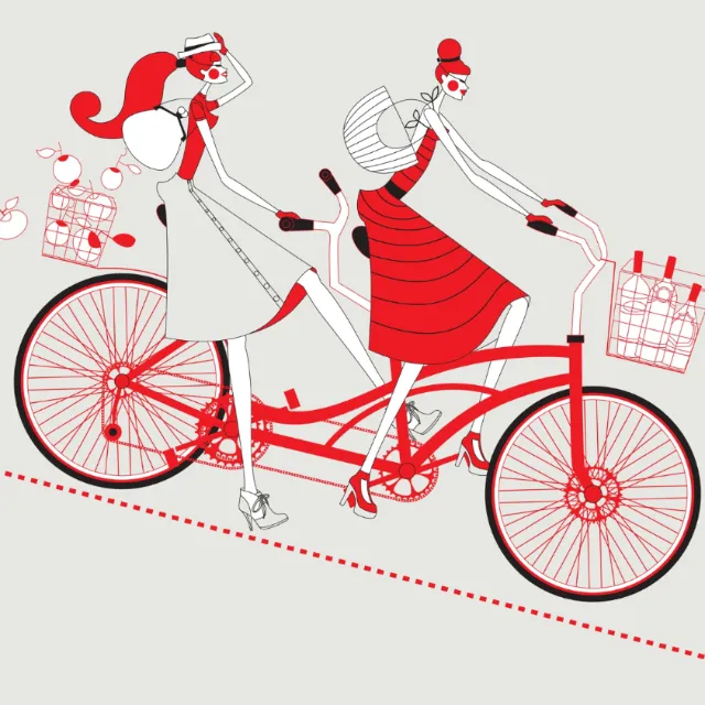 Two women riding a red tandem bicycle, illustration by Yordanka Poleganova