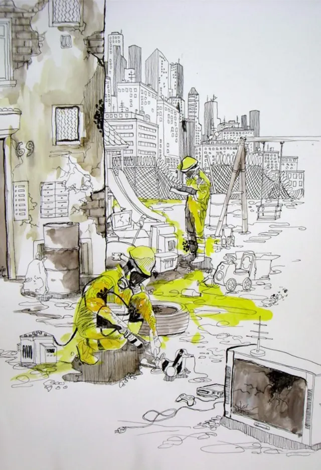 Urban cleanup workers in yellow suits cleaning debris, artwork by Patrick Rosche
