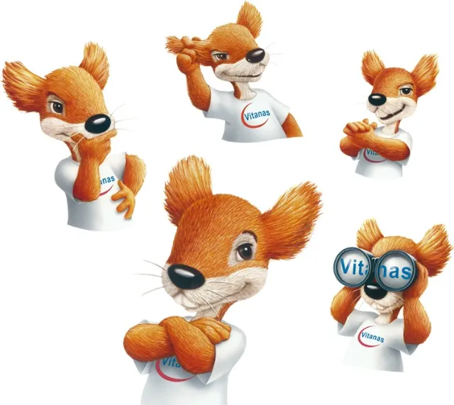 Squirrel mascot character holding vitamins by artist Kai Klimiont