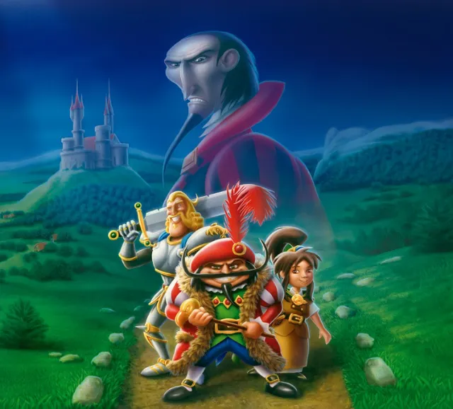 Fantasy adventurers with castle and looming figure in the background by Kai Klimiont