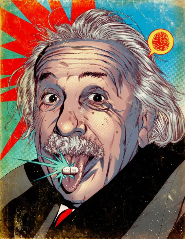 Pop art portrait of Albert Einstein with colorful psychedelic background by POW!!!
