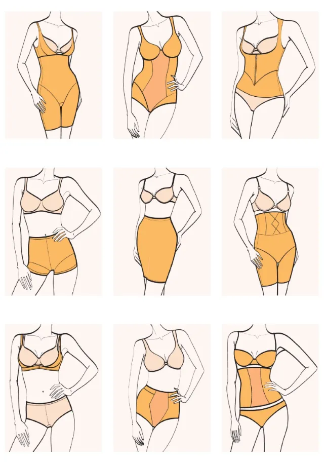 Illustrations of nine different female body shapes in undergarments by Yordanka Poleganova