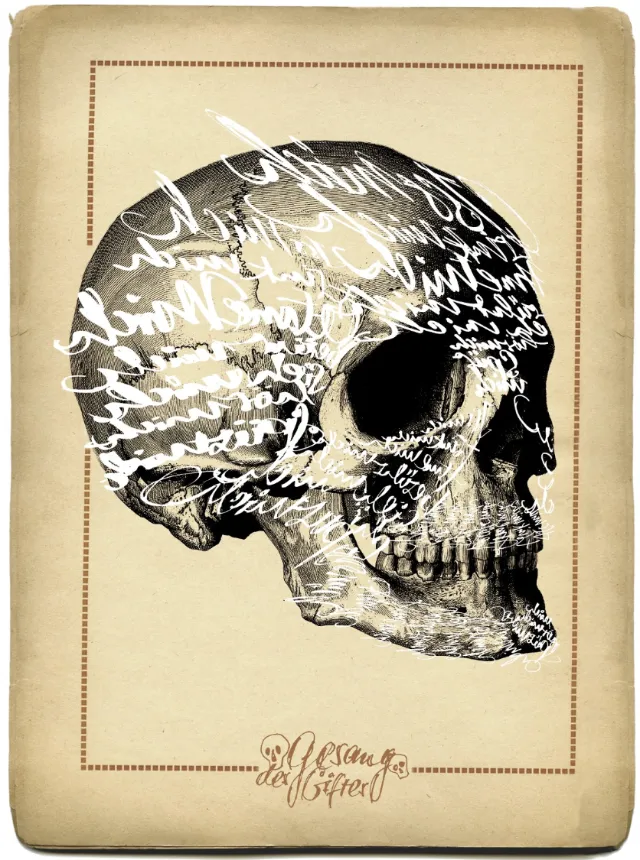 Historical lettering on skull

