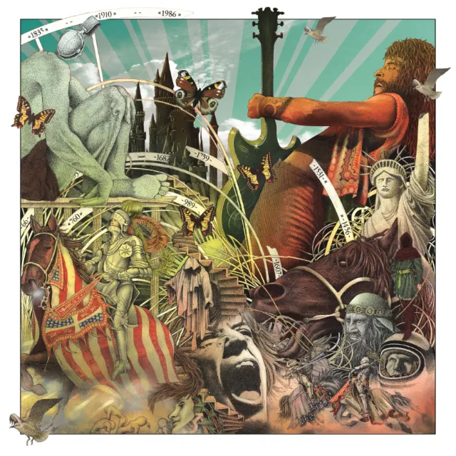 Man with guitar surrounded by fantasy creatures in artwork