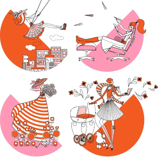 Illustration of four women in orange and pink, by Yordanka Poleganova
