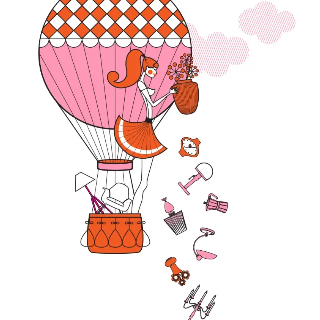 Illustration of woman in hot air balloon dropping objects by Yordanka Poleganova