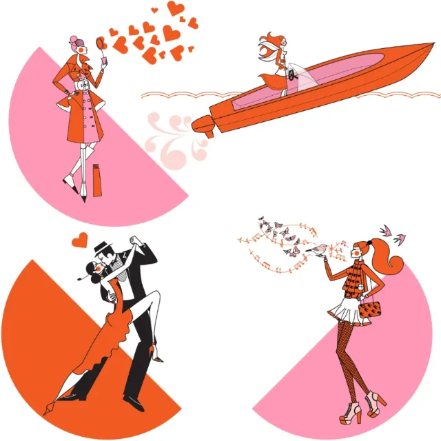 Stylized romantic couples with hearts and music by Yordanka Poleganova