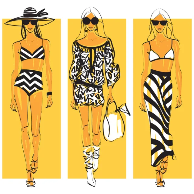Fashion illustration of three models wearing black and white geometric outfits by Yordanka Poleganov