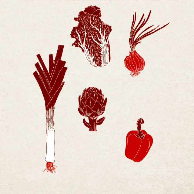 Red stylized vegetables including leek, cabbage, onion, artichoke, and bell pepper by Tobias Wandres