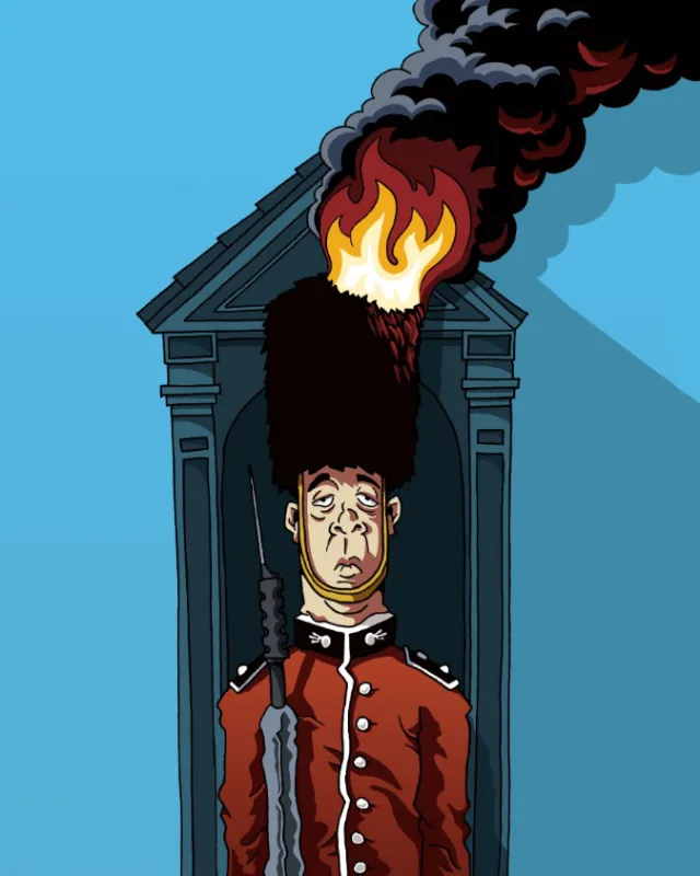 People guard standing at burning door