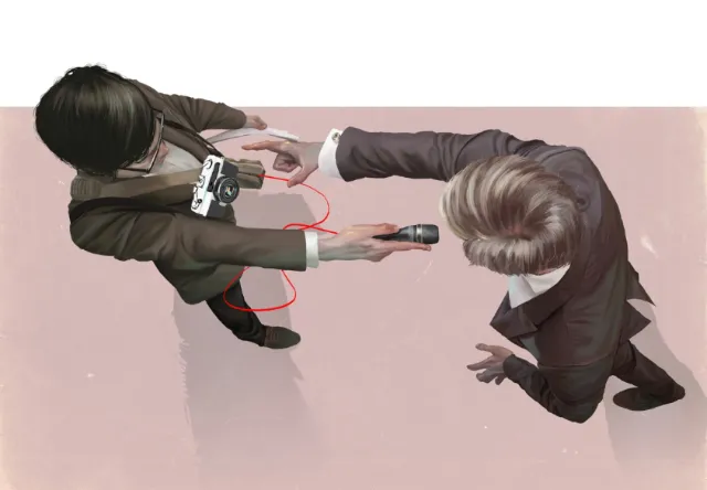 Two businessmen exchanging USB drives with connecting wire by POW!!!