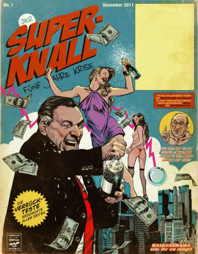 December 2011 Super Knall comic cover with characters and flying money by POW!!!
