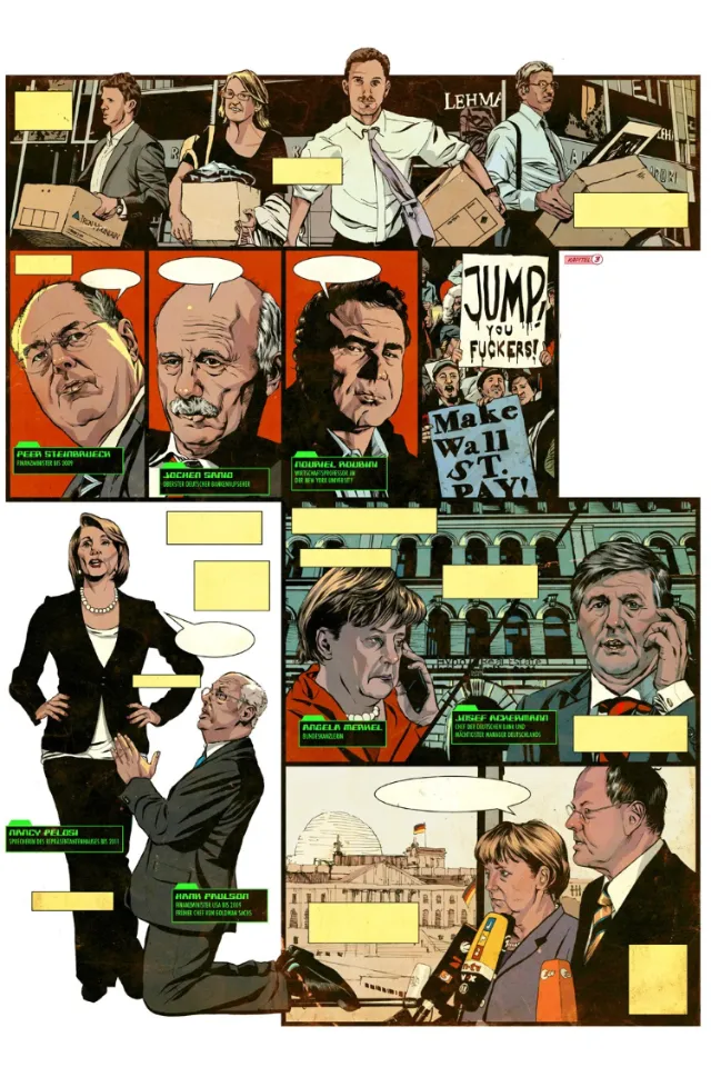 Comic panels depicting businesspeople and stock market scenes by POW!!!