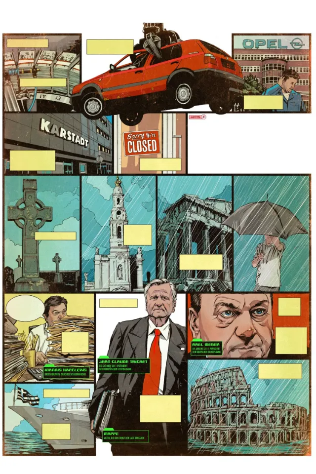 Comic panels with a red car flying and urban scenes by POW!!!