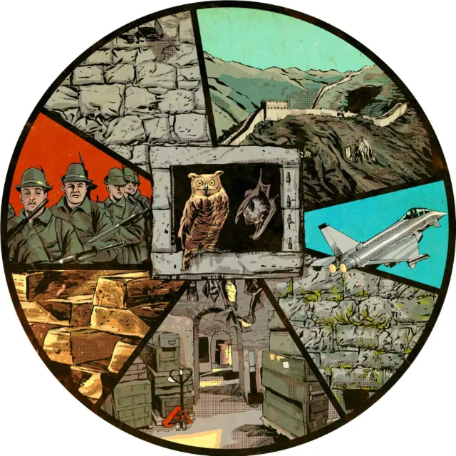 Circular illustration with soldiers, owl, bunker, and scenic landscape by POW!!!