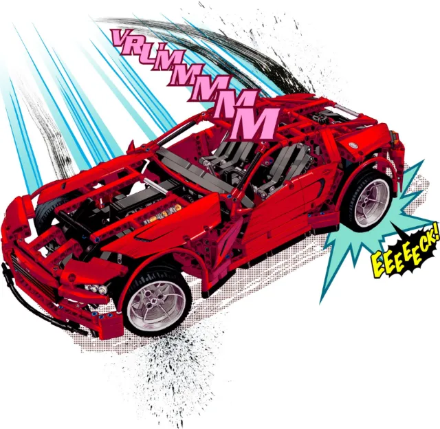 Illustration of LEGO sports car in red with comic effects by POW!!!