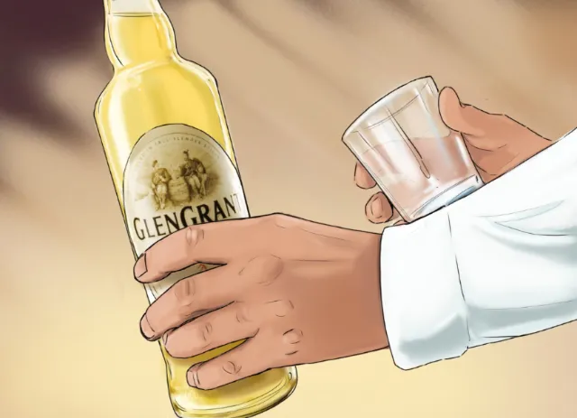 bottle and glass in hands, man holding alcohol