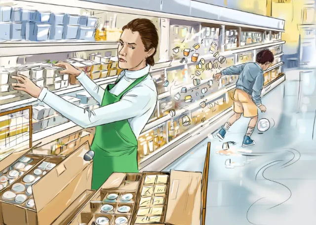 Women in the grossery store, items falling down, boy with a ball, keeper arranging products in shelf