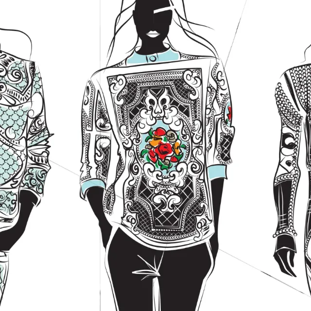 Fashion illustration of three black and white jackets with floral and geometric patterns by Yordanka