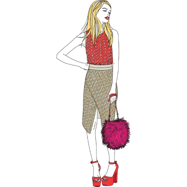 Fashion illustration of woman in red top and skirt by Yordanka Poleganova