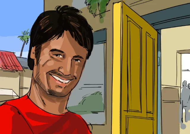 Illustration of a smiling man by an open door with outdoor scene by Björn von Schlippe