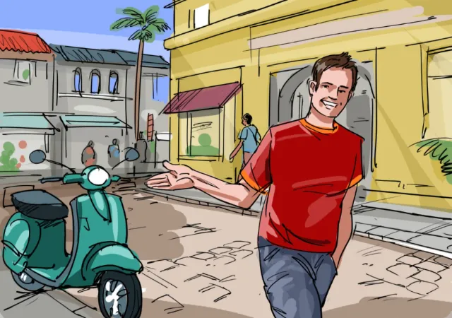 Man in red shirt gesturing on city street by Björn von Schlippe