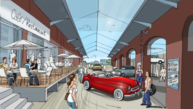 Indoor market scene with classic red car and people by Björn von Schlippe
