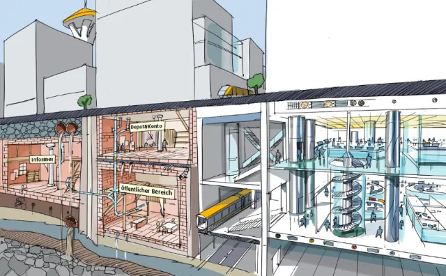 Architectural cross-section of urban mixed-use building by Björn von Schlippe