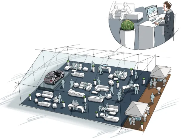 Illustration of an indoor event with booths and attendees by Björn von Schlippe