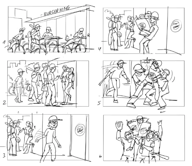 Storyboard sketches showing people interacting at Burger King by Björn von Schlippe