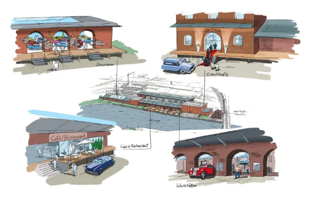 Architectural sketches of waterfront buildings and docked ship by Björn von Schlippe