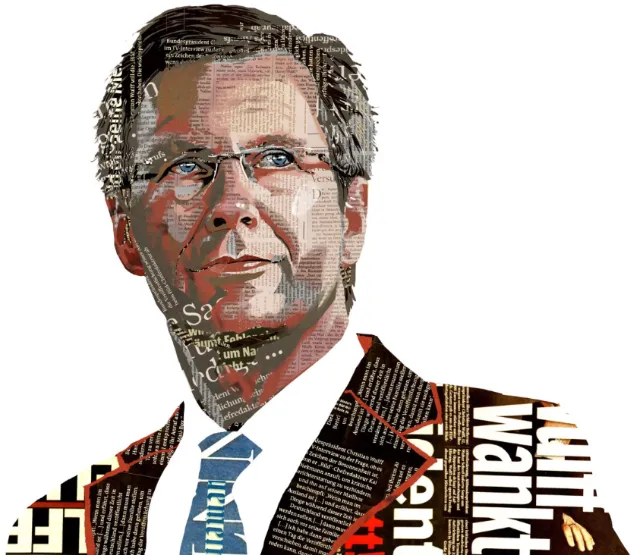 Stylized businessman portrait with German text overlays by POW!!!