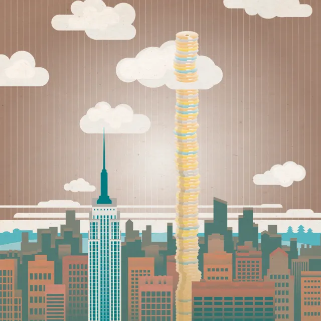 Stack of coins towering over city skyline with clouds by Tobias Wandres