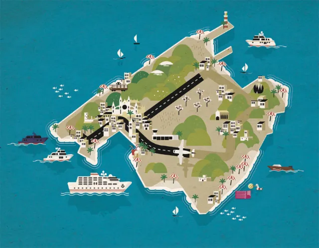 Isometric island map with harbor, docks, boats by Tobias Wandres